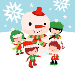 Fototapeta na wymiar Christmas Winter Kids And Snowman