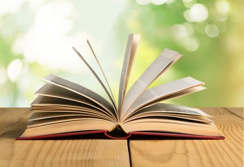 Book. Open book on wood planks over abstract light background