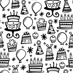Doodle Line Retro Birthday Party Seamless Pattern Background