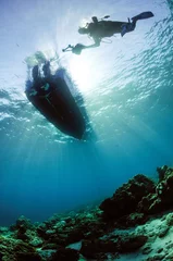 Crédence de cuisine en verre imprimé Plonger plongée sous-marine plongeur soleil bateau kapoposang indonésie sous l& 39 eau