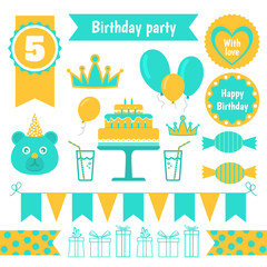 set of festive birthday party elements. Flat design.