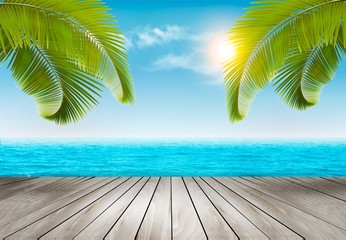 Naklejka premium Tło wakacje. Plaża z palmami i niebieskim morzem. Wektor.