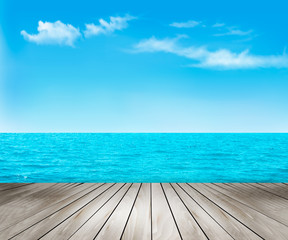 Nature background with a wooden deck, the sea and the sky. Vecto