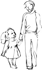 vector sketch Dad and daughter walking hand
