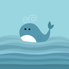 Cartoon whale in the ocean  blue waves Kids background Flat 
