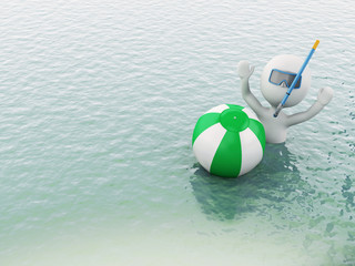 3d white people with beach ball in water.