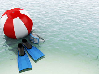 3d blue water with beach ball and swimming equipment.