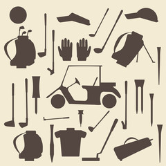 Golf sport items silhouette icon set.  Driver, wood, iron, wedge