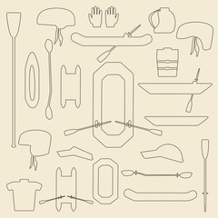 Rafting sport items linear icon set. Oar and paddle rafts