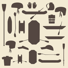 Rafting sport items silhouette icon set. Oar and paddle rafts