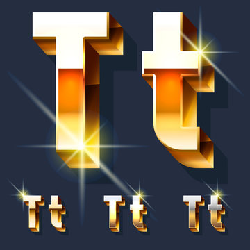 Vector Set Of Gold Shiny 3D Alphabet. Letter T