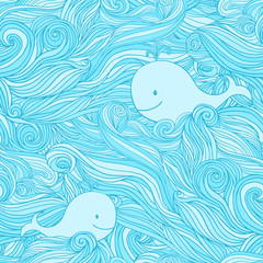 Seamless pattern with whales and waves. Sea wavy background.