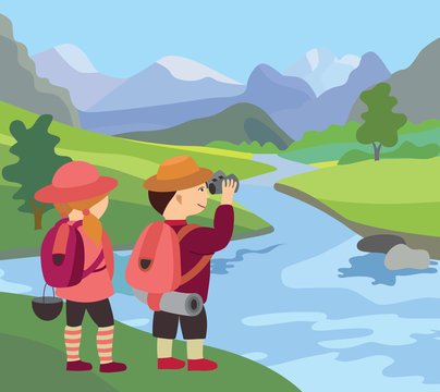 river, meadow and beautiful landscape (vector illustration)