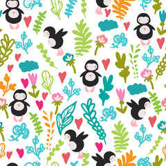 Naklejka premium cute seamless vector pattern with plants flower and penguin