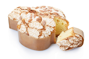 Colomba, italian Easter cake with slice on white, clipping path