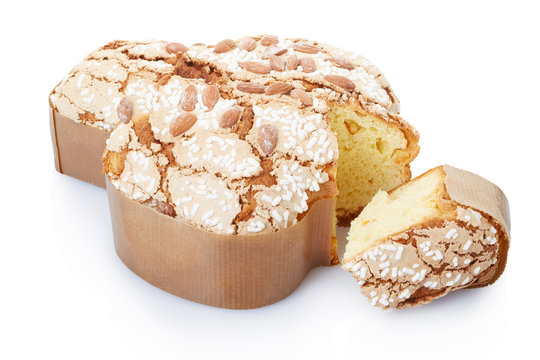 Colomba, Italian Easter Cake With Slice On White, Clipping Path