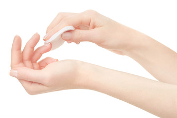 Woman hand and nail varnish remover, acetone, clipping path