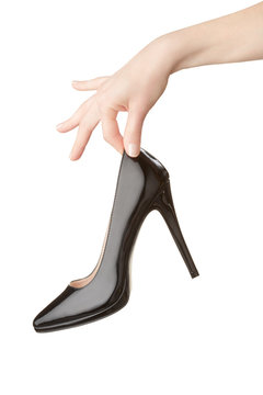 Woman Hand Holding Black High Heel Shoe On White, Clipping Path