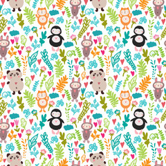 cute seamless vector pattern with flowers and animals