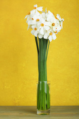 Daffodils in a glass vase on a wooden background