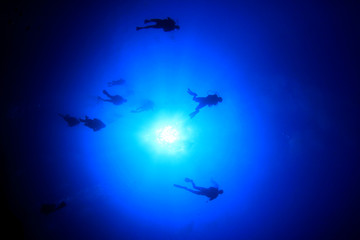 Scuba diving underwater: divers silhouette and sun