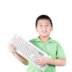 Cute boy with keyboard isolated on white background