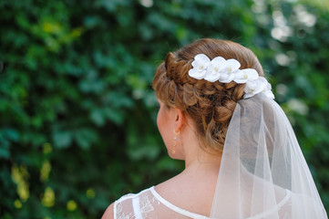 bride with a white veil on a background of green leaves