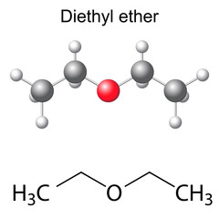 Structural chemical formula and model of diethyl ether molecule