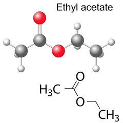 Structural chemical formula and model of ethyl acetate