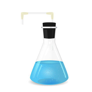 Conical flask with tube and blue solution