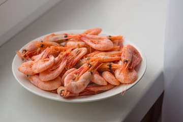 Cooked shrimp on white plate. Shallow depth of field.
