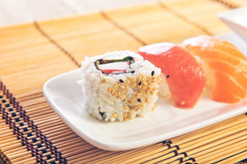Sushi food over wooden background