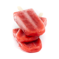 Frozen Strawberry Fruit Bars on white. Selective focus.