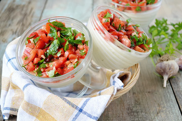 Panna Cotta with cauliflower salad with tomato and basil.selecti