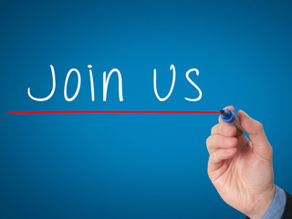 join us written by businessman hand on a transparent board. 