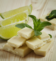 White chocolate with mint and lime, selective focus