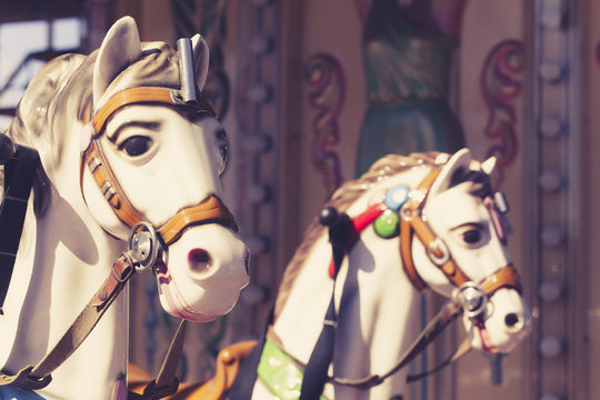 Close up of carousel horse. Vintage tone.