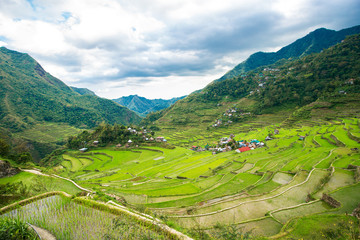 Rice terraces in the Philippines. The village is in a valley amo