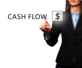 Businesswoman pressing Cash Flow button on virtual screen