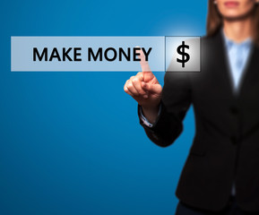 Businesswoman pressing make money button on virtual screen