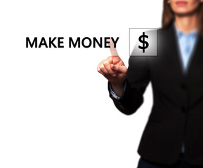 Businesswoman pressing make money button on virtual screen