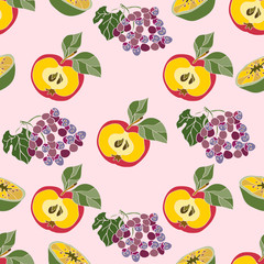 Seamless pattern with peaches and grapes.