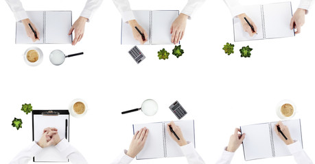 Collage of photos with hands working in the office, isolated on white