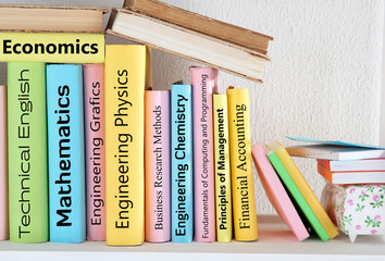 Textbooks on shelf close-up