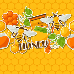 Seamless pattern with honey and bee stickers