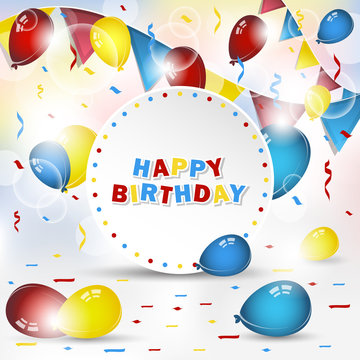 Happy birthday vector background with confetti and balloons