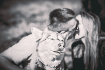 Portrait of husky dog outdoor with kissing couple behind