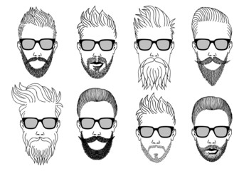 hipster faces with beard and mustache, vector set