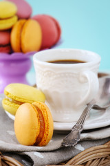 Good morning concept with espresso coffee and French macarons 