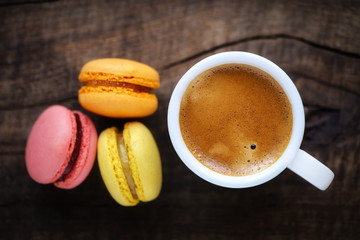 Good morning concept with espresso coffee and French macarons